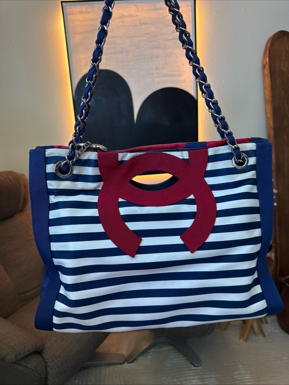 AUTH Chanel Marinière striped Chain Tote  bag. Cruise line